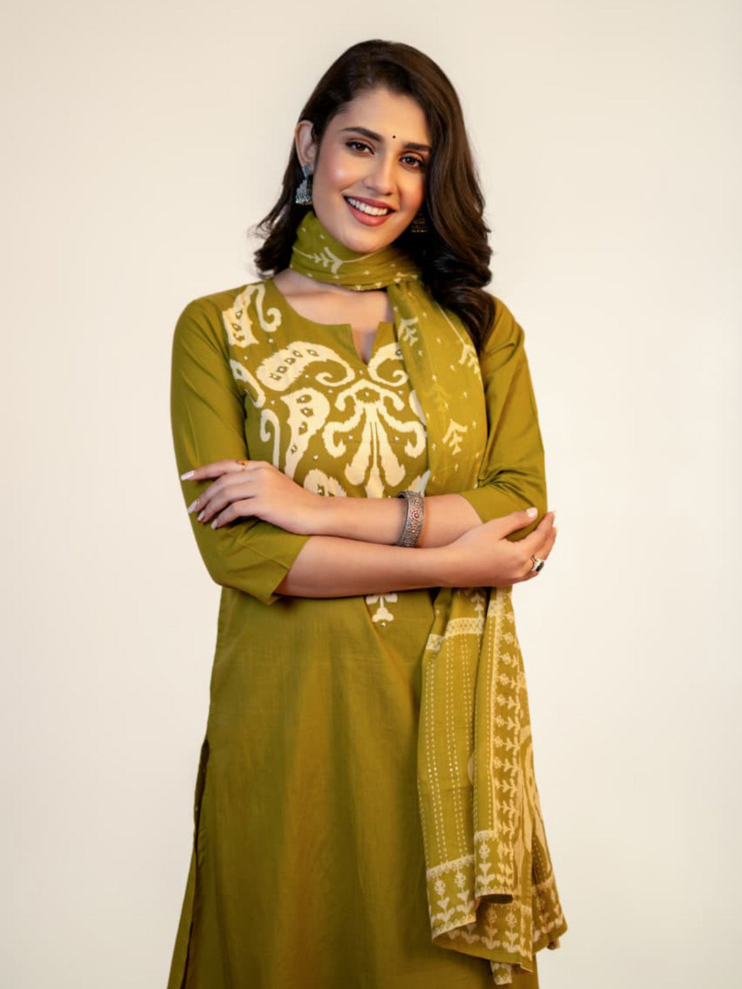 Green Printed Cotton Blend Straight Suit Set With Dupatta