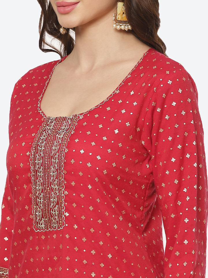 Sequence Neck Zari Embroidered Cotton Kurti With Pant