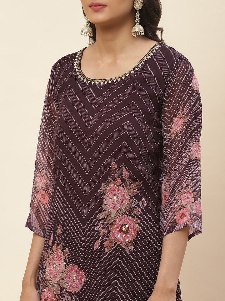 Floral Printed Georgette Kurta With Pants &amp; Dupatta