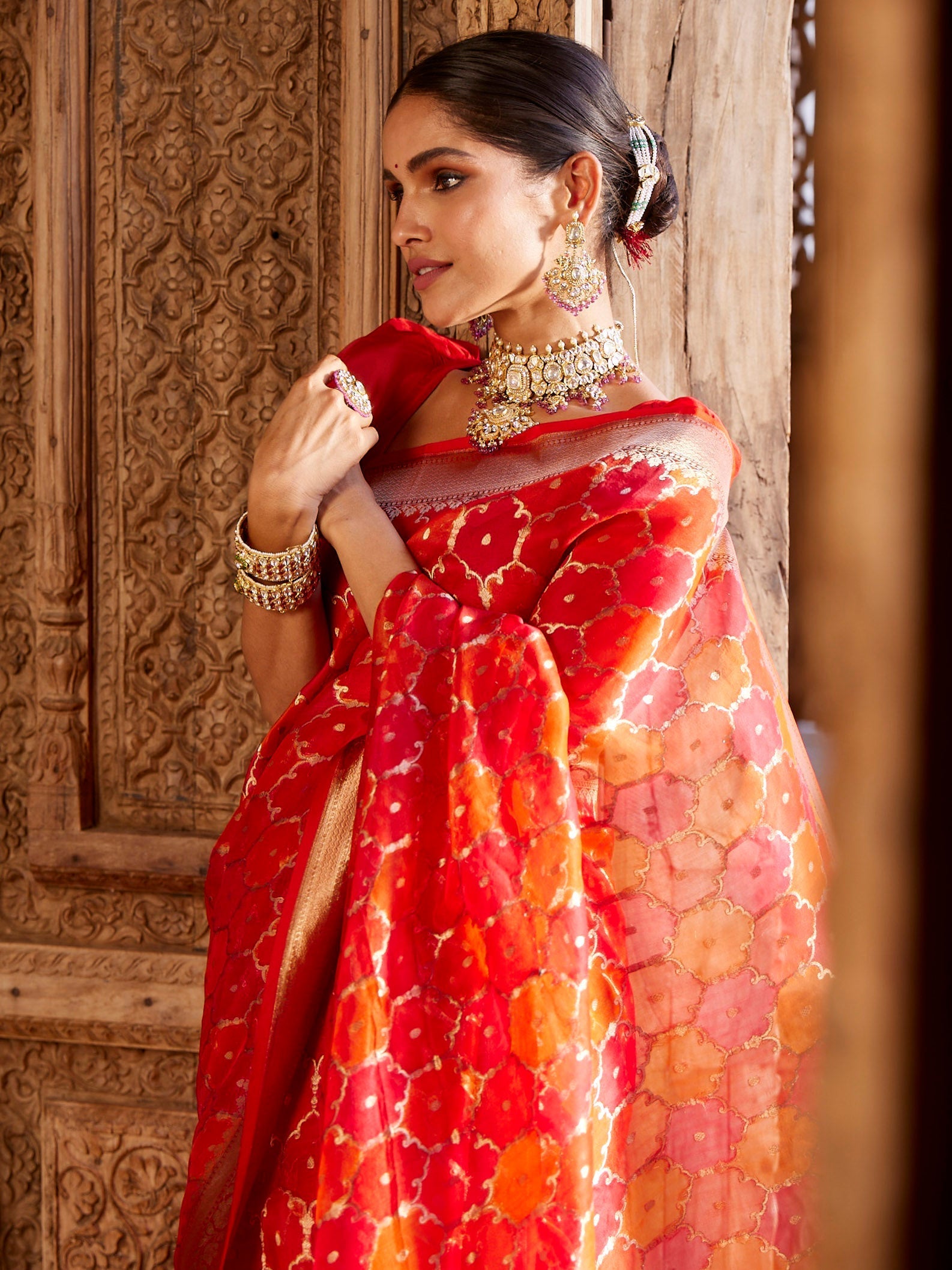 Zari Jaal Organza  Plain Saree