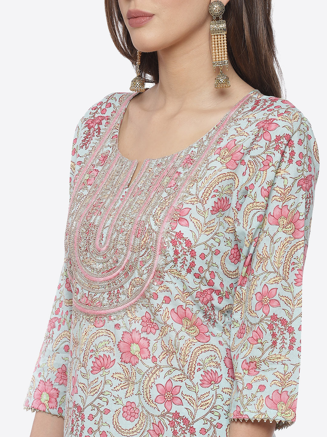 Zari Neck Embroidered Cotton Kurta With Pant