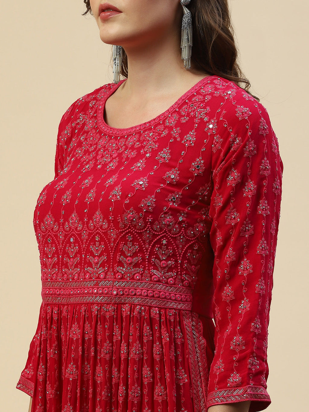 Embroidered Georgette Kurta With Palazzo & Dupatta