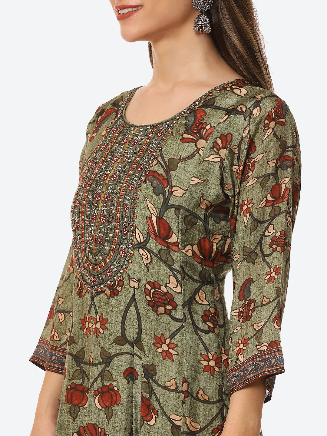 Mirror Neck Embroidered Printed Muslin Anarkali Kurta