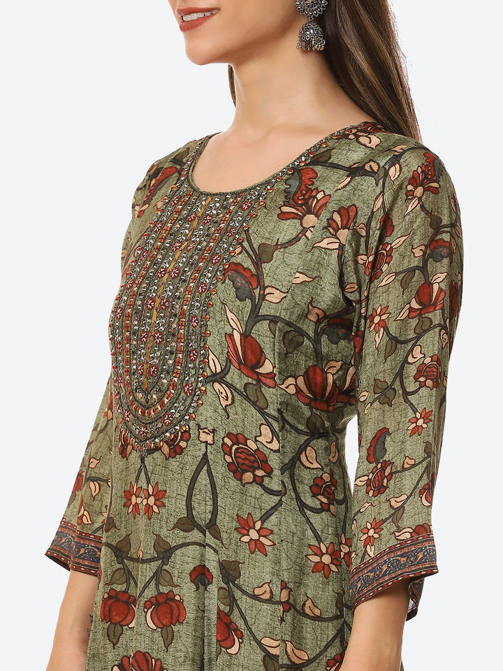 Mirror Neck Embroidered Printed Muslin Anarkali Kurta