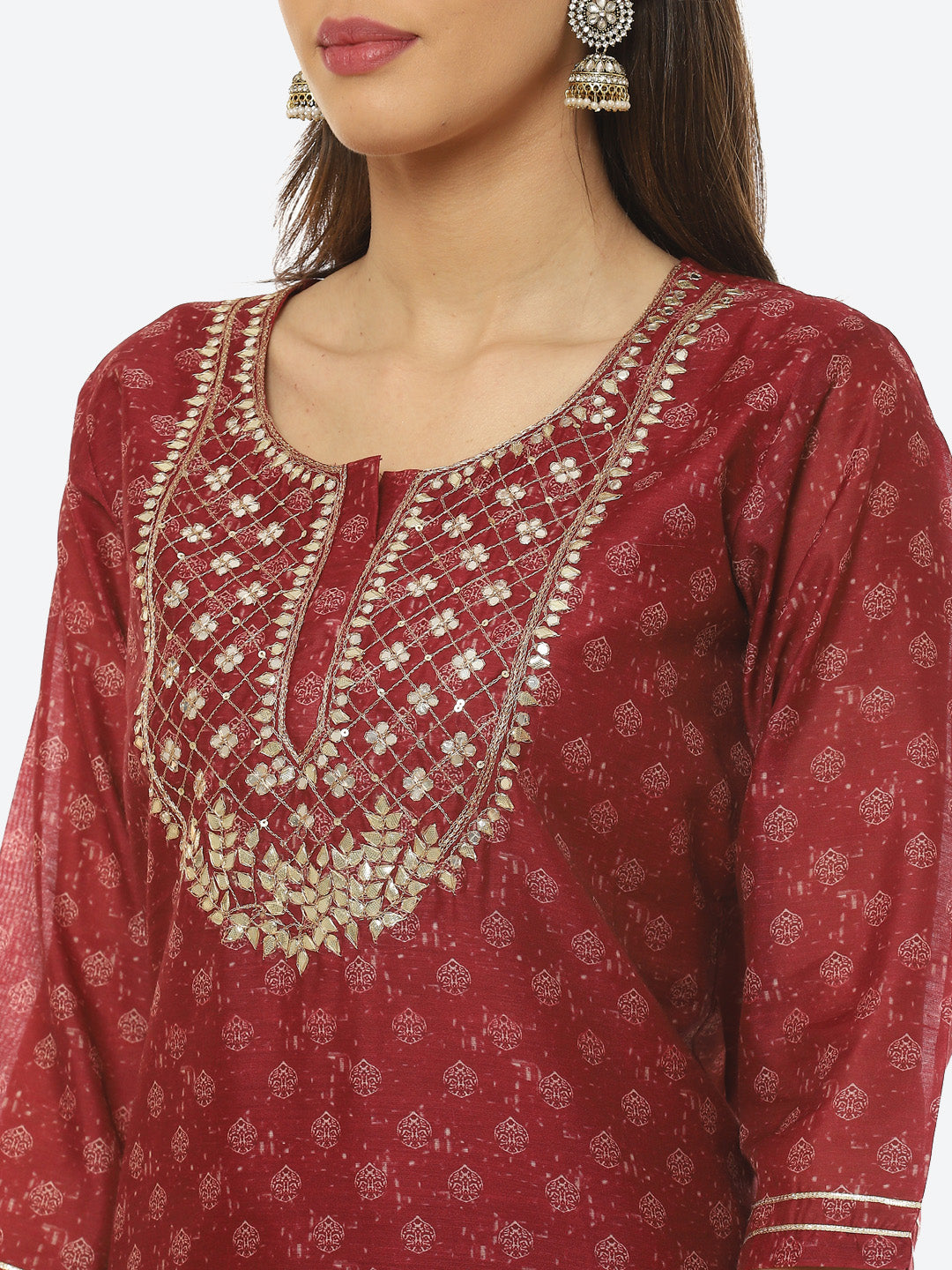 Gota Neck Printed Chanderi Kurta With Pant