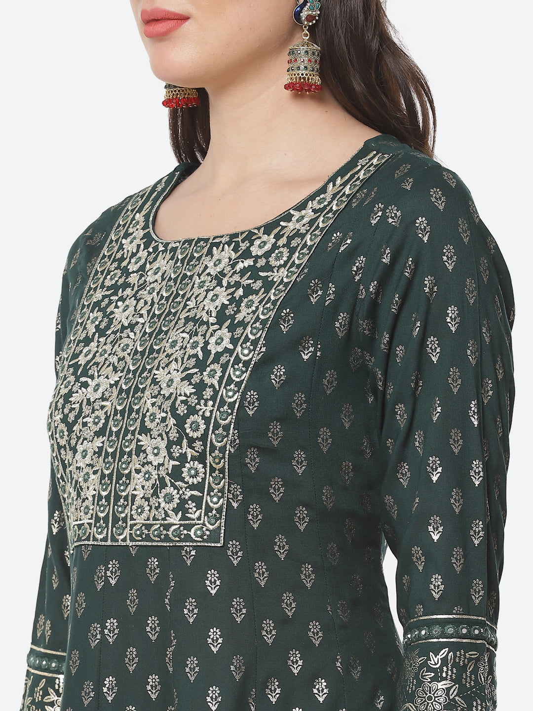 Printed Zari Neck Cotton Stitched Anarkali Salwar Kameez With Chiffon Dupatta