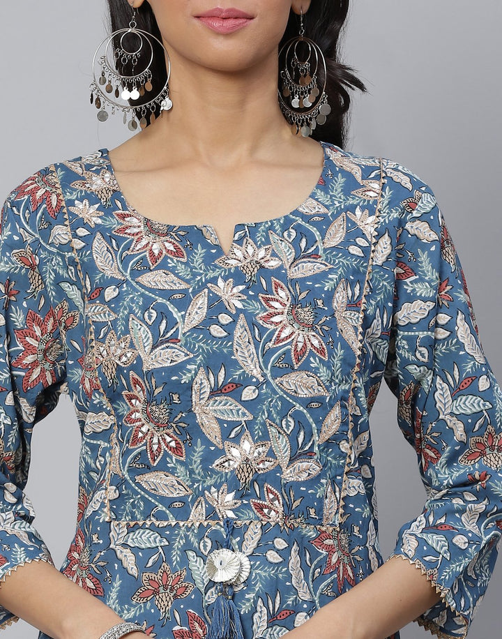 Floral Print Kurti With Gota Detail