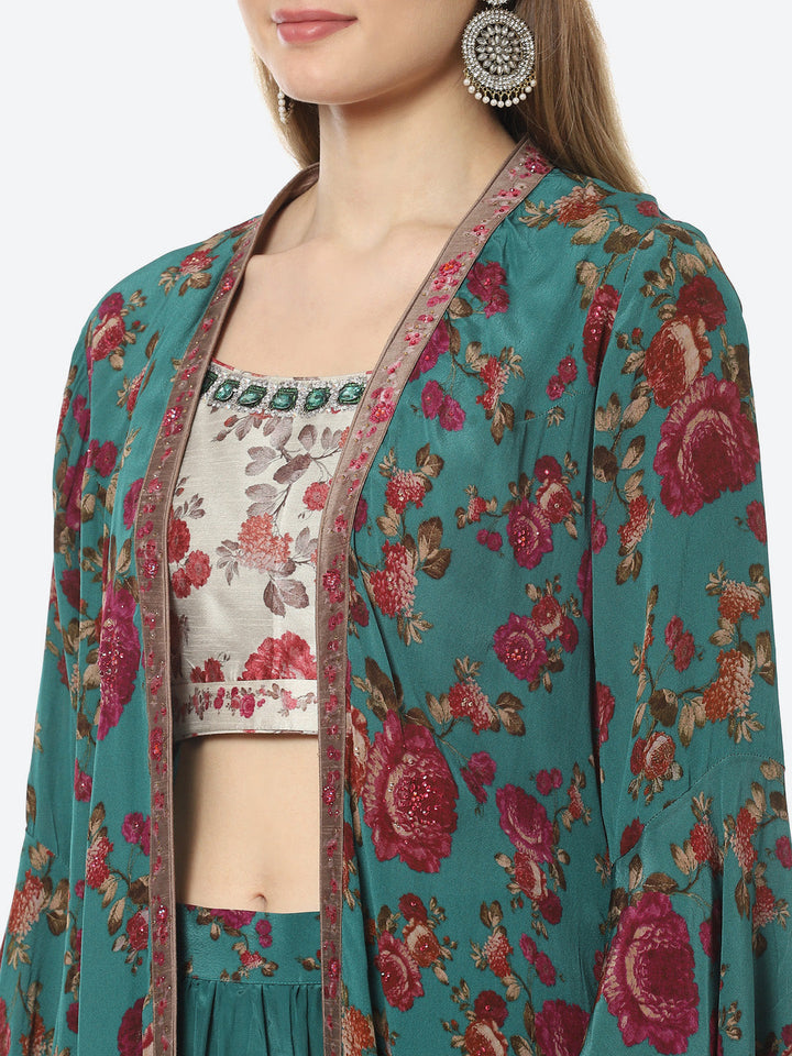 Digital Floral Printed Crepe Crop Top With Sharara &amp; Jacket