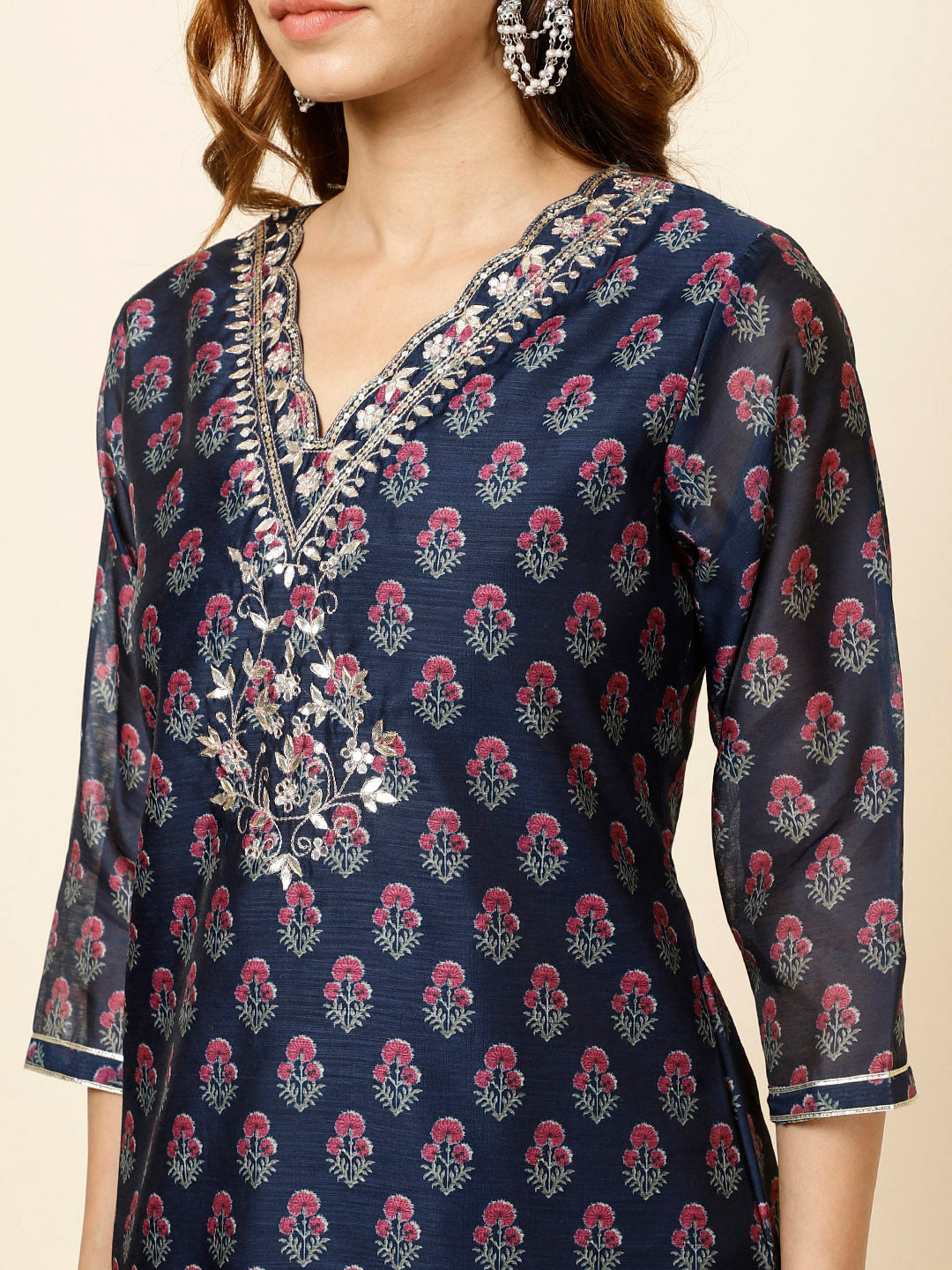 Printed Chanderi Kurta With Pants &amp; Dupatta