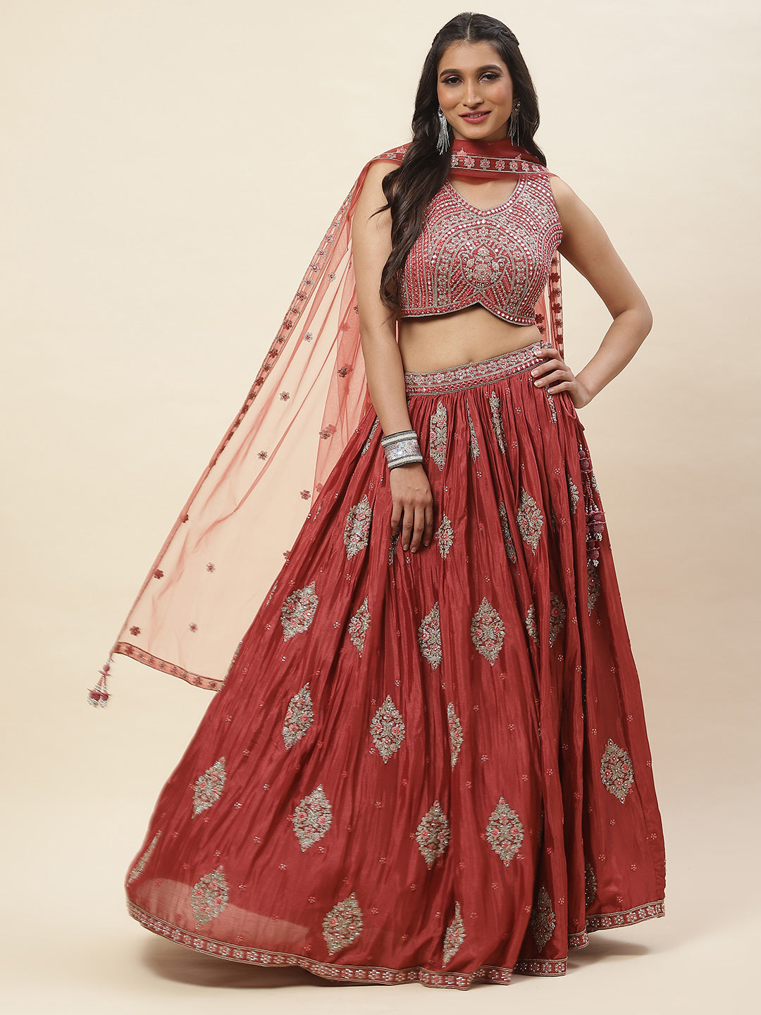 All Over Embroidered Crepe Choli With Lehenga &amp; Dupatta