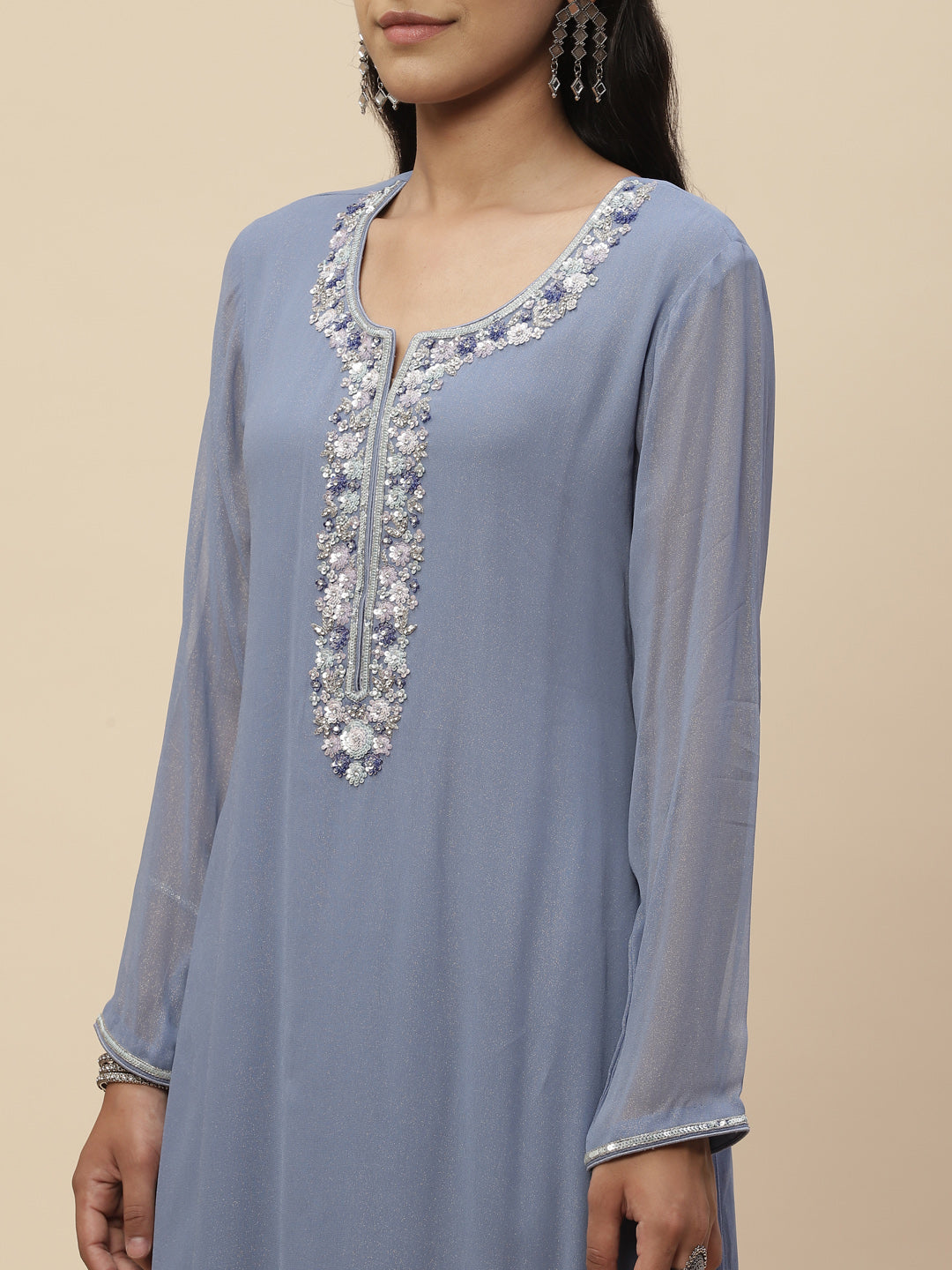 Stone Work Georgette Kurta With Pants &amp; Dupatta