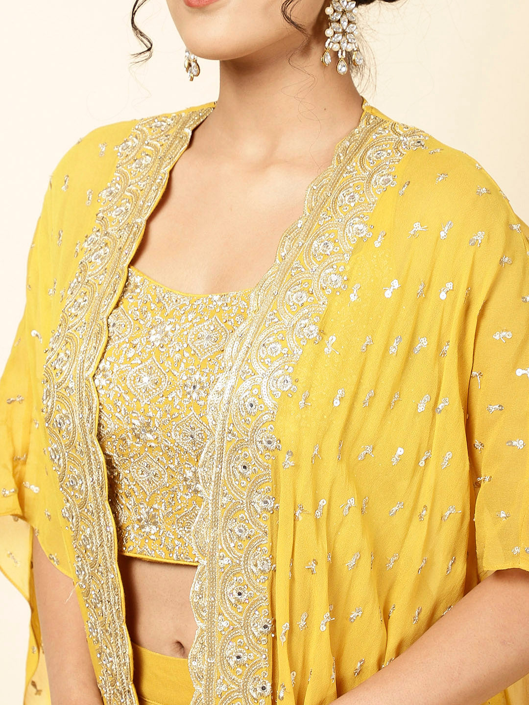Sequin Embroidered Georgette Drape Skirt With Top &amp; Jacket