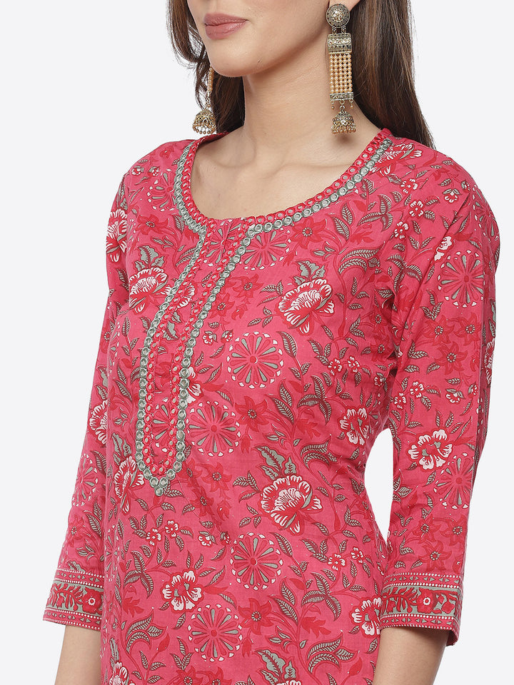 Floral Printed Cotton Kurta With Printed Pant