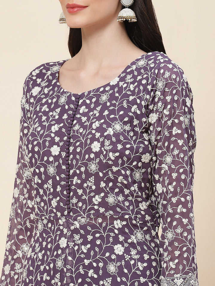 Embroidered Georgette Kurta With Palazzo &amp; Dupatta