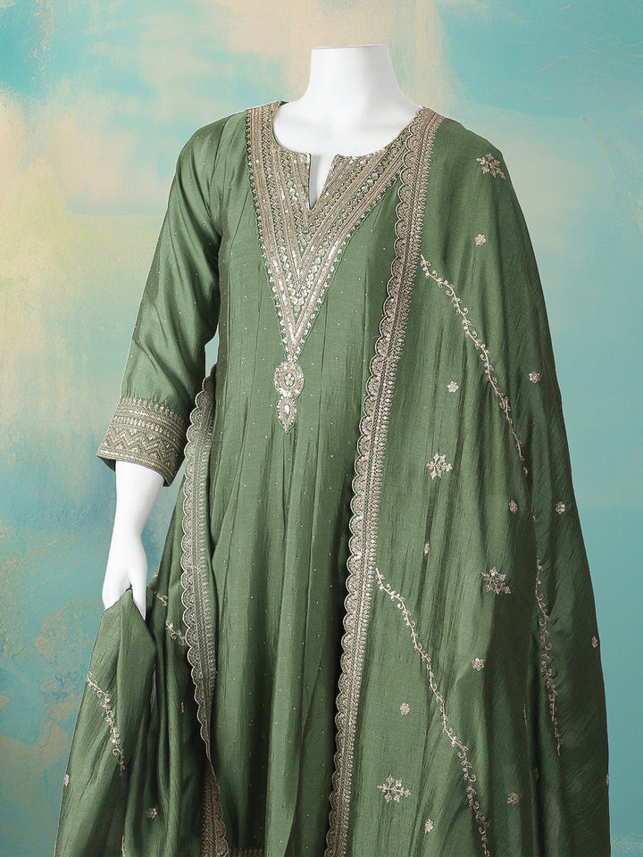 Embroidered Art Silk Stitched Kurta With Pant &amp; Dupatta
