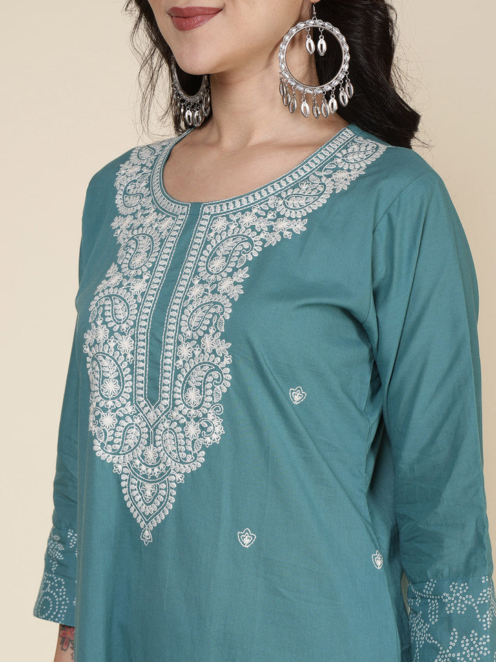 Embroidered Cotton Blend Kurta With Pants &amp; Dupatta
