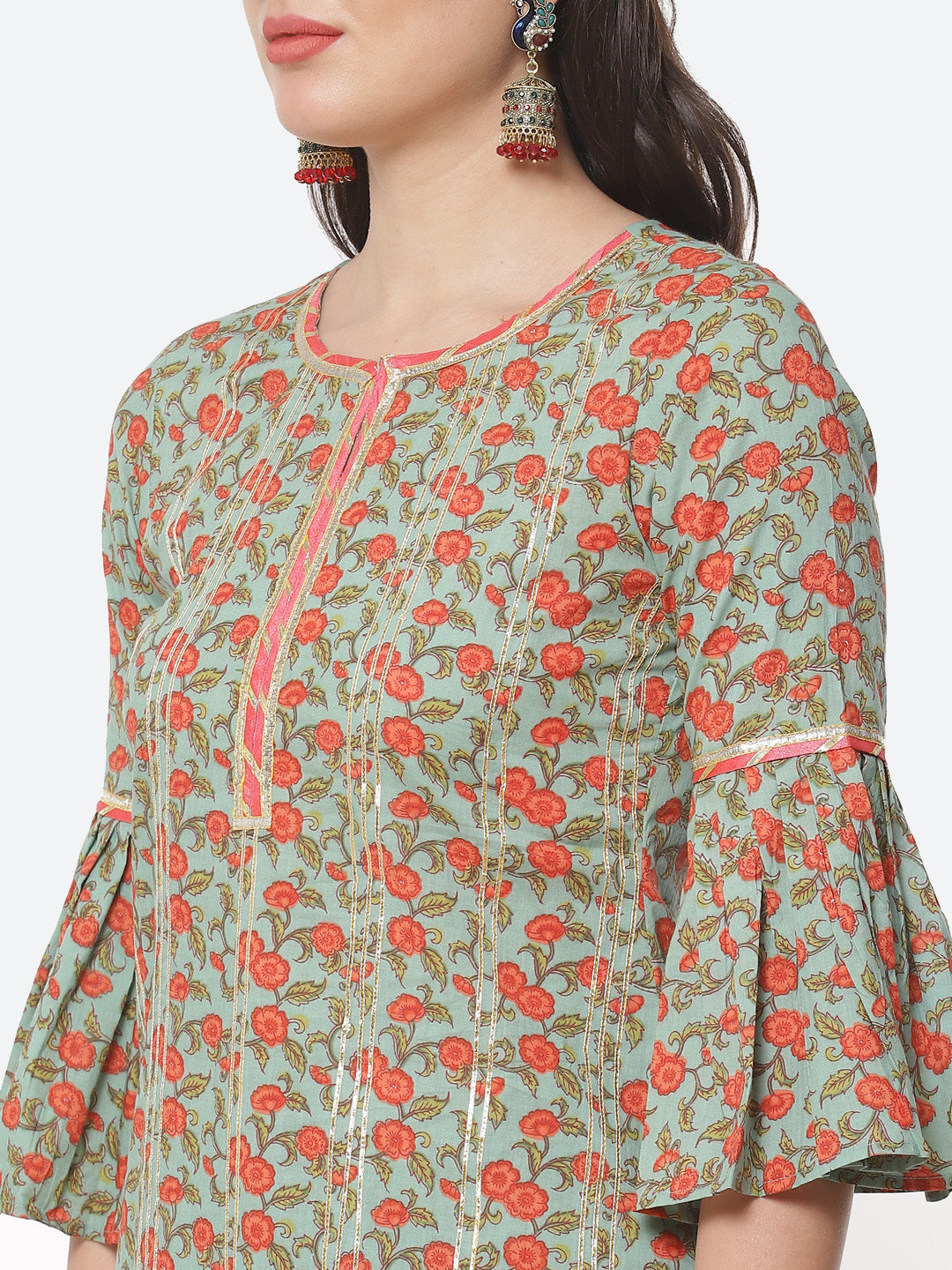 Floral Printed Gota Work Cotton Kurti With Sharara