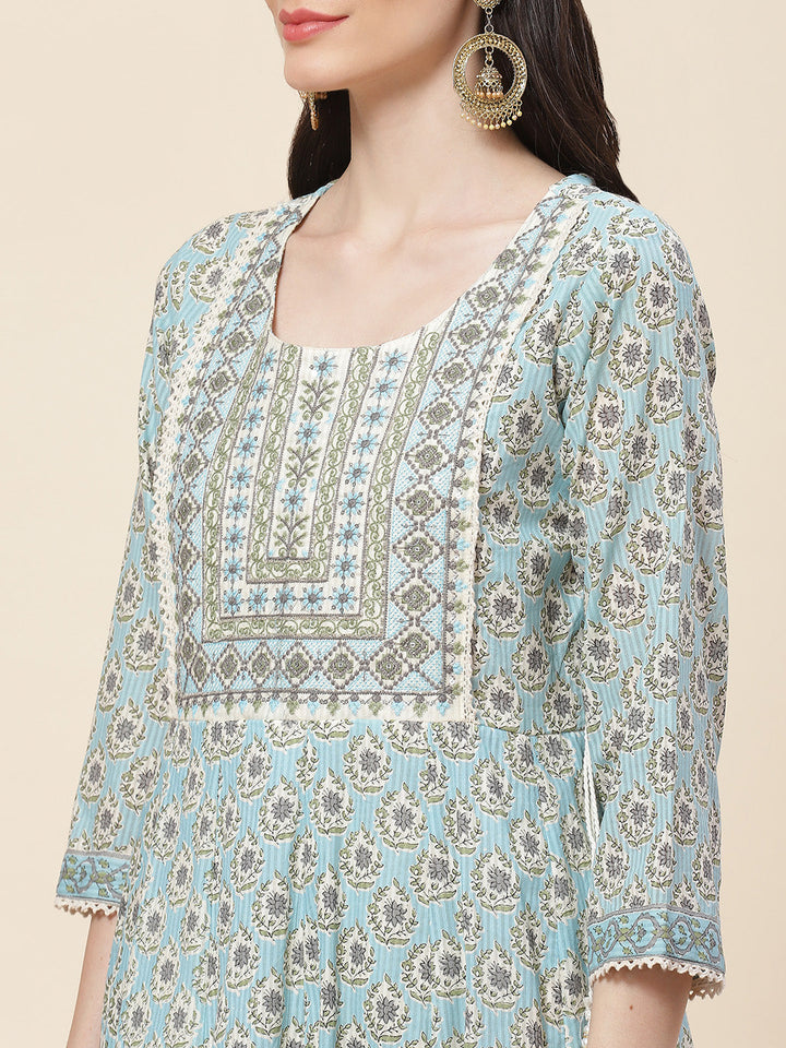 Floral Printed Cotton Kurta With Pants &amp; Dupatta