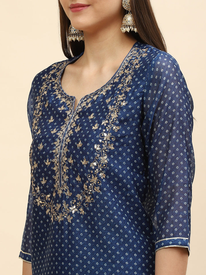 Gota Work &amp; Printed Chanderi Kurta With Pants