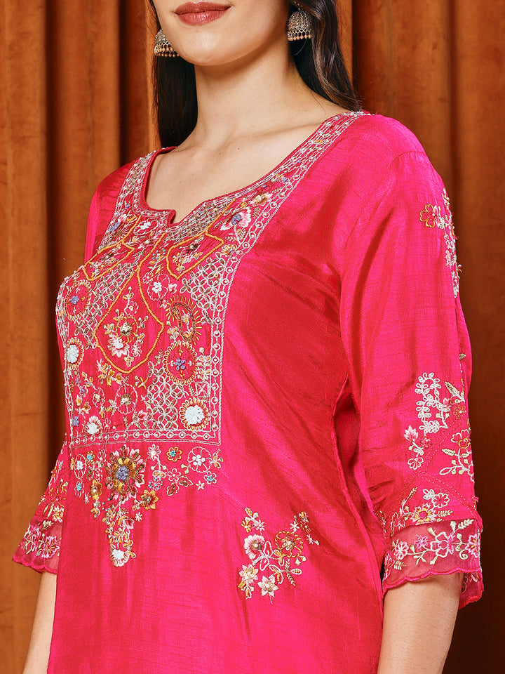 Resham Work Art Silk Kurta With Pants &amp; Dupatta