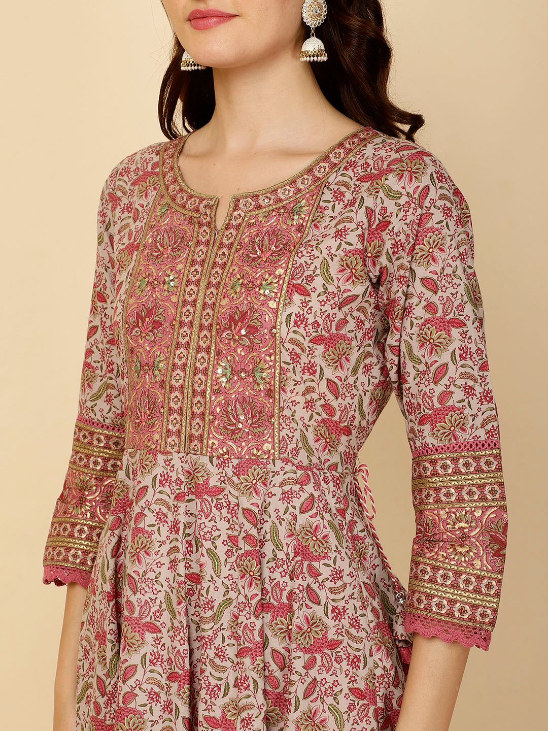 Floral Block Printed Anarkali Kurta With Pants &amp; Dupatta