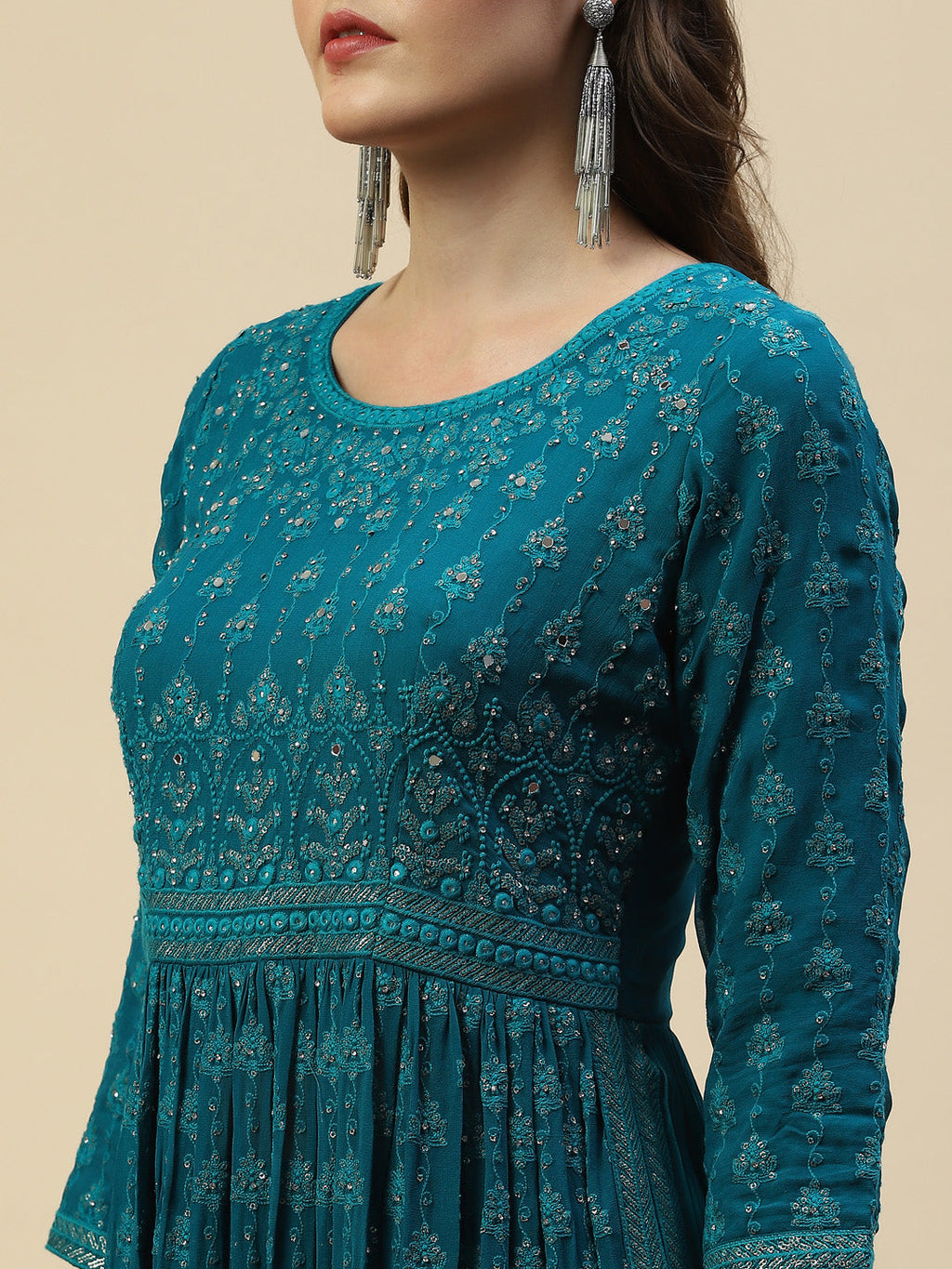 Embroidered Georgette Kurta With Palazzo & Dupatta