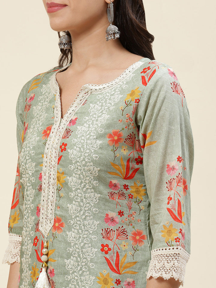 Floral Printed &amp; Embroidered Cotton Kurta With Pants &amp; Dupatta