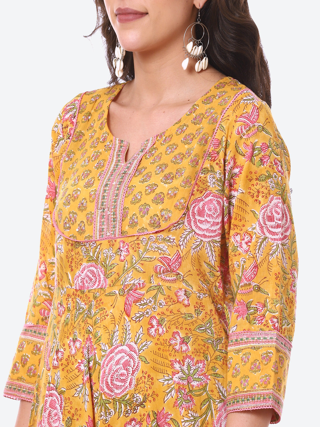 Sequin Work Yoke Floral Printed Cotton Anarkali Kurta