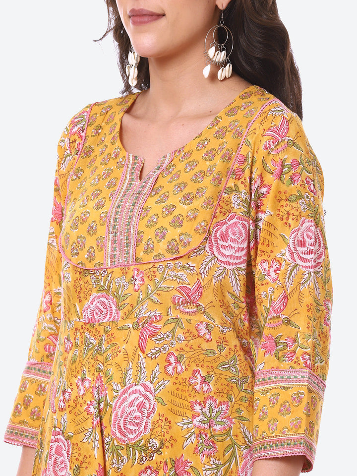 Sequin Work Yoke Floral Printed Cotton Anarkali Kurta