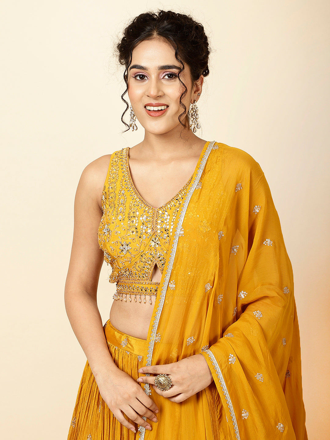Sequin Embroidered Crepe Choli With Lehenga &amp; Dupatta