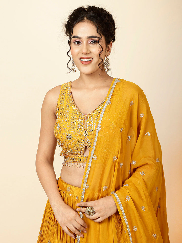 Sequin Embroidered Crepe Choli With Lehenga &amp; Dupatta