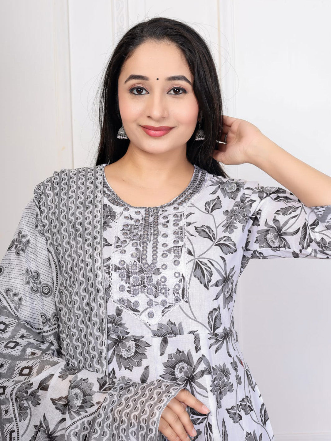 Grey Embroidered Cotton Blend Straight Suit Set With Dupatta