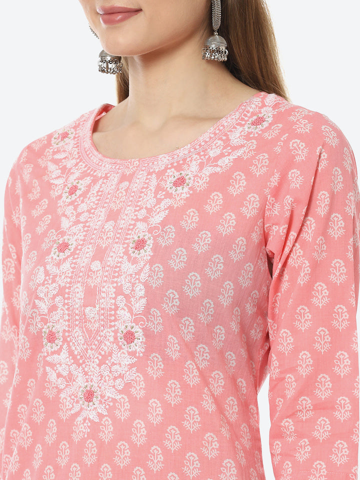 Resham Neck Booti Cotton Kurta With Pant &amp; Cotton Dupatta