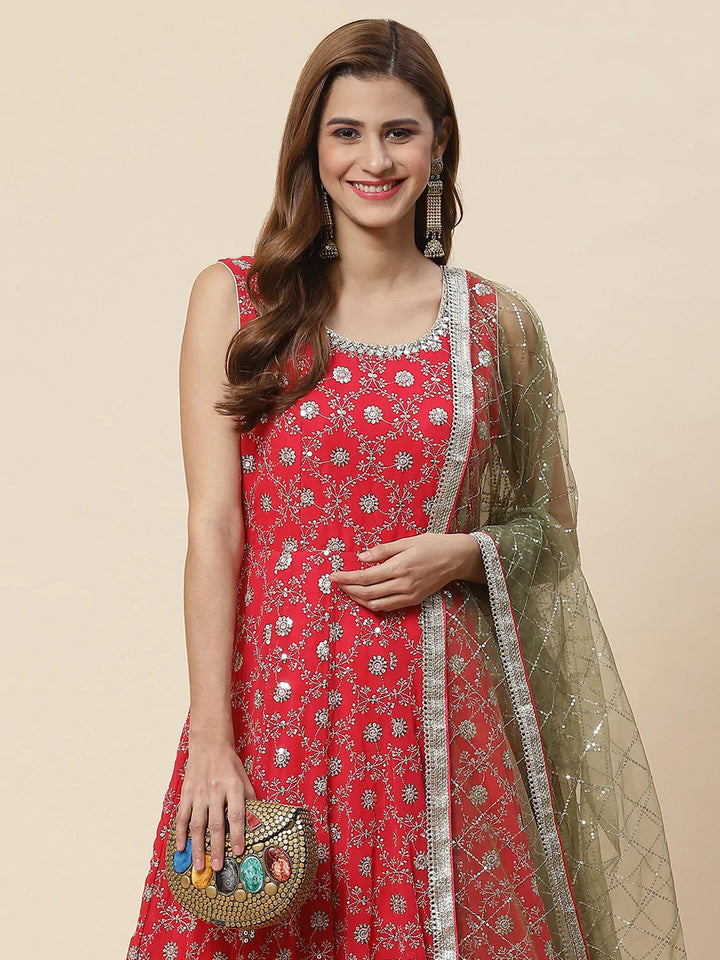 Sequin Embroidered Georgette Kurta With Dupatta