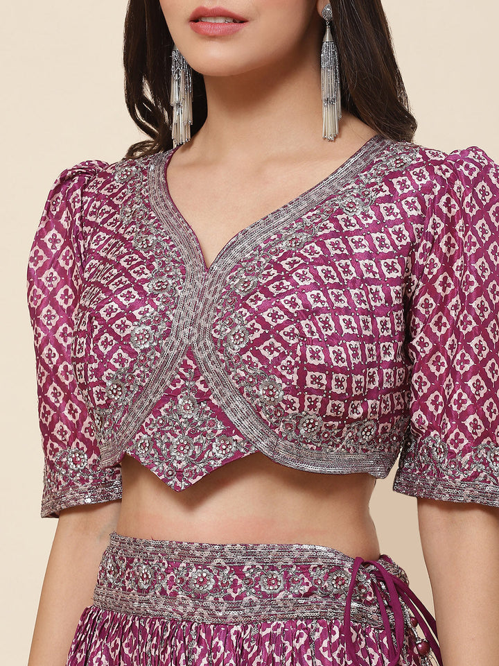 Printed Sequin Embroidered Crepe Choli With Lehenga &amp; Net Dupatta