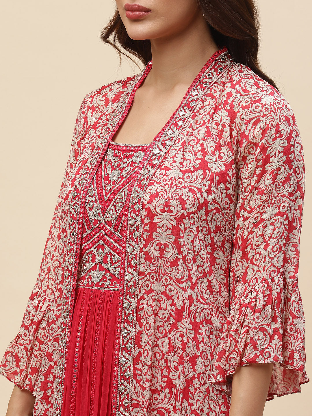 Neck Embroidered Georgette Gown With Jacket &amp; Dupatta