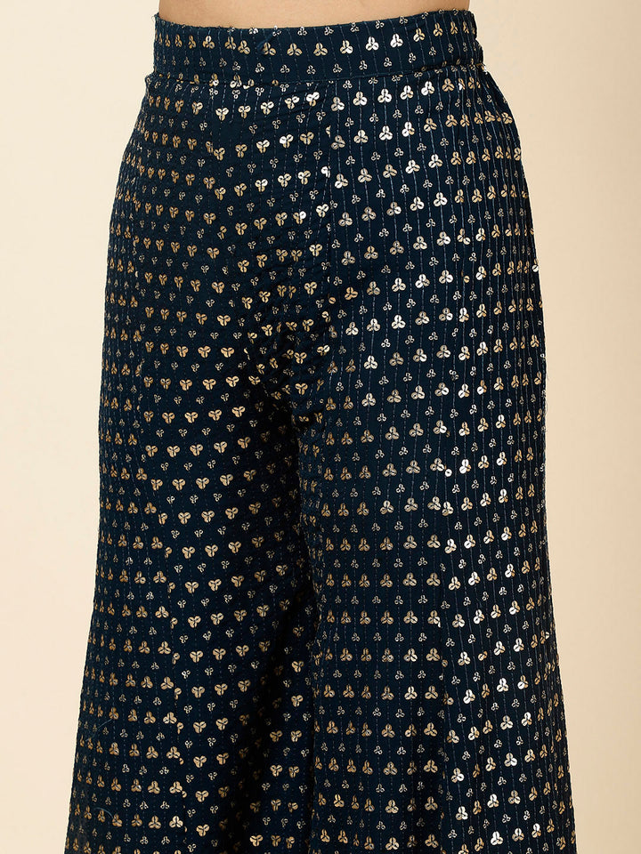 Mirror Work Embroidered Georgette Crop Top With Sharara &amp; Dupatta