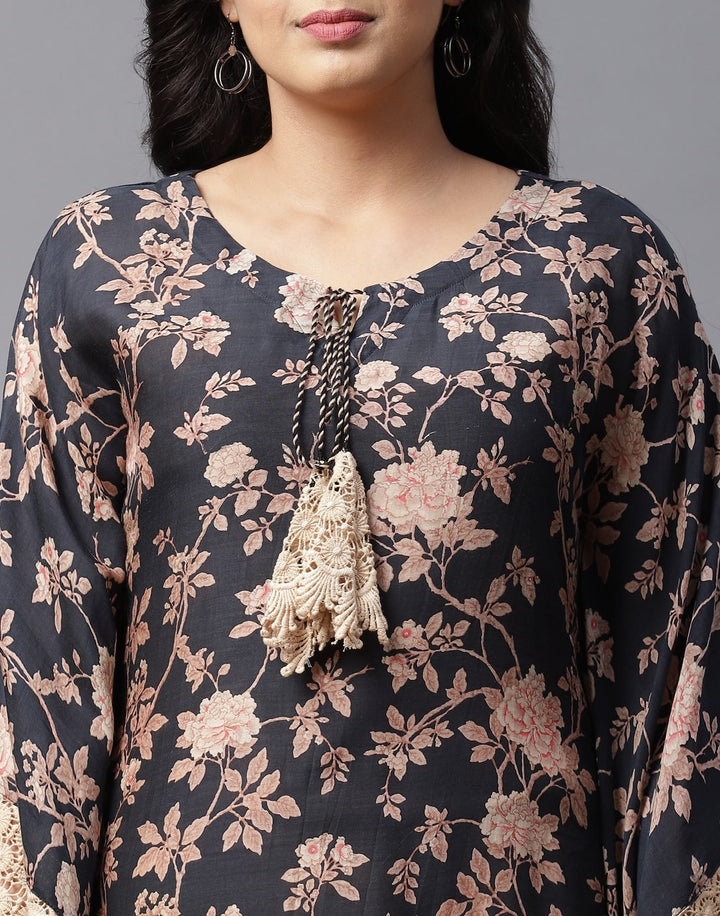 Cotton Printed Kaftan with Lace Detail