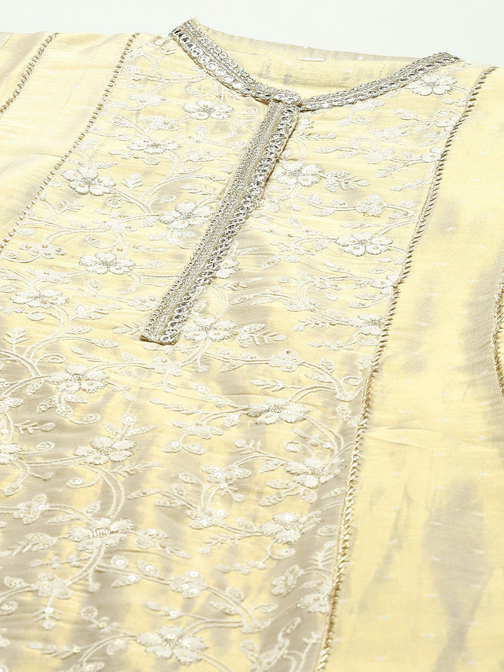 Resham Booti Embroidered Cotton Anarkali Kurta With Churidar &amp; Dupatta