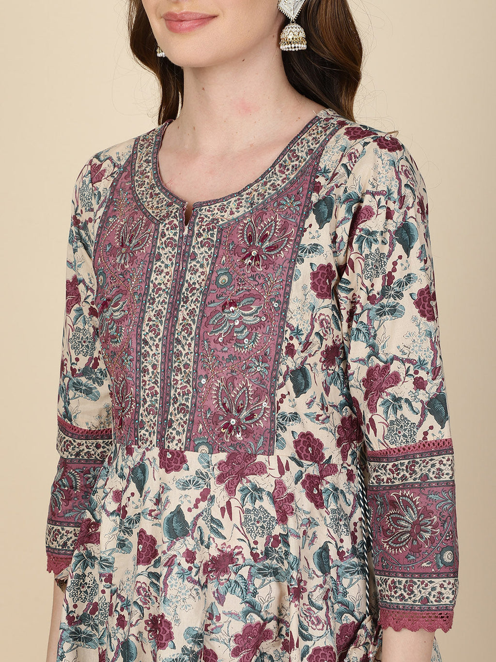 Floral Printed Cotton Kurta With Pants & Dupatta