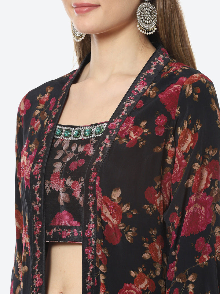 Digital Floral Printed Crepe Crop Top With Sharara &amp; Jacket