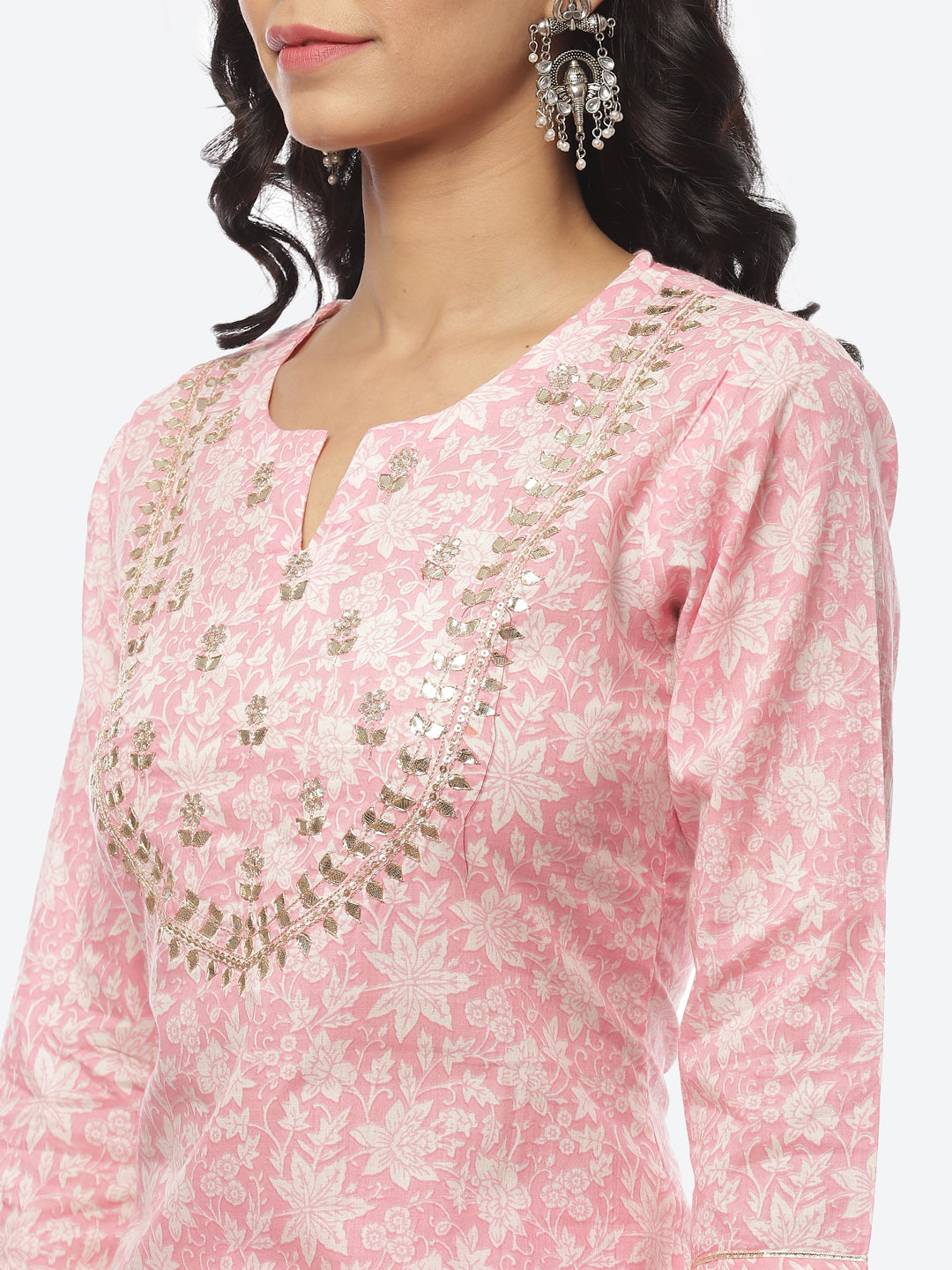 Printed Gota Neck Cotton With Pant