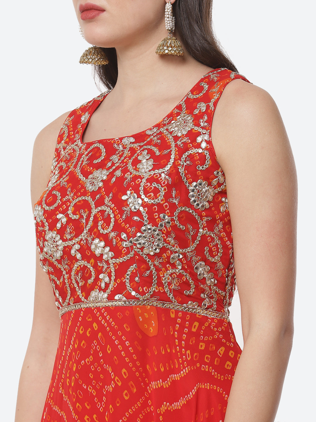 Bandhej Printed Georgette Stitched Anarkali Salwar Kameez With Net Dupatta