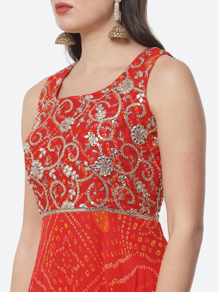 Bandhej Printed Georgette Stitched Anarkali Salwar Kameez With Net Dupatta