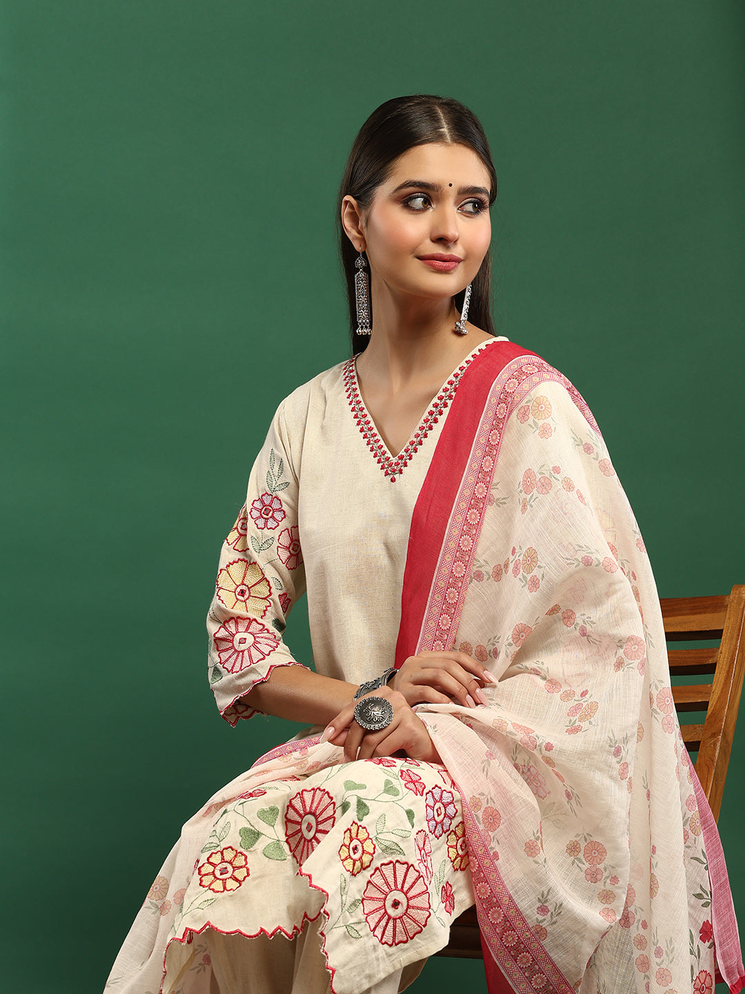Embroidered Cotton Blend Kurta With Pant &amp; Dupatta