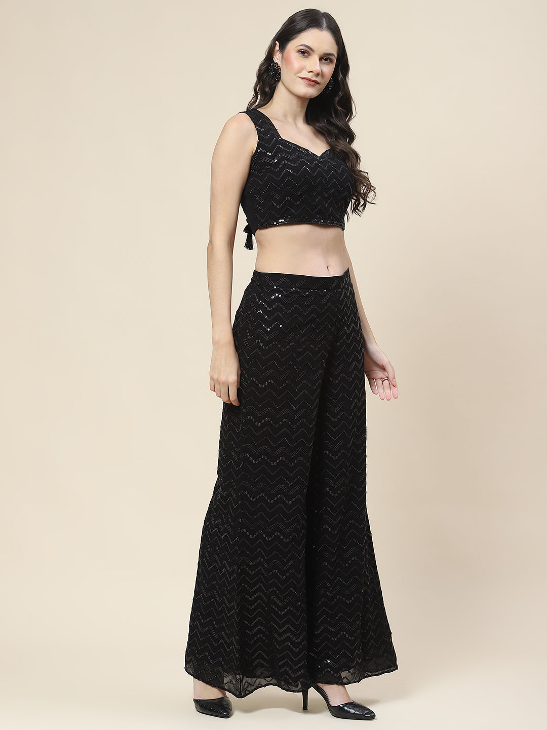 Sequin Embroidered Georgette Top Jacket With Palazzo &amp; Dupatta