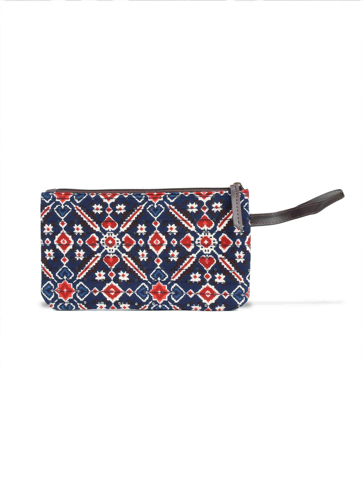 Navy Blue &amp; Maroon Printed Cotton Handbag With Pouch