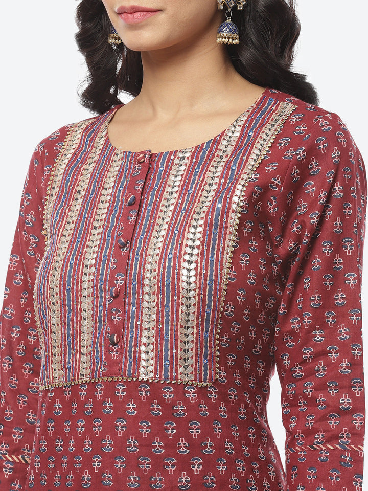 Printed Gota Work Cotton Kurti With Pant