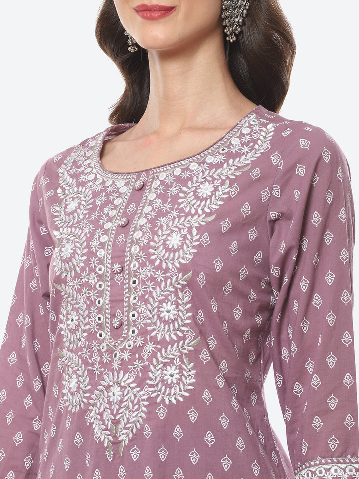 Resham Work Printed Cotton Kurta With Palazzo