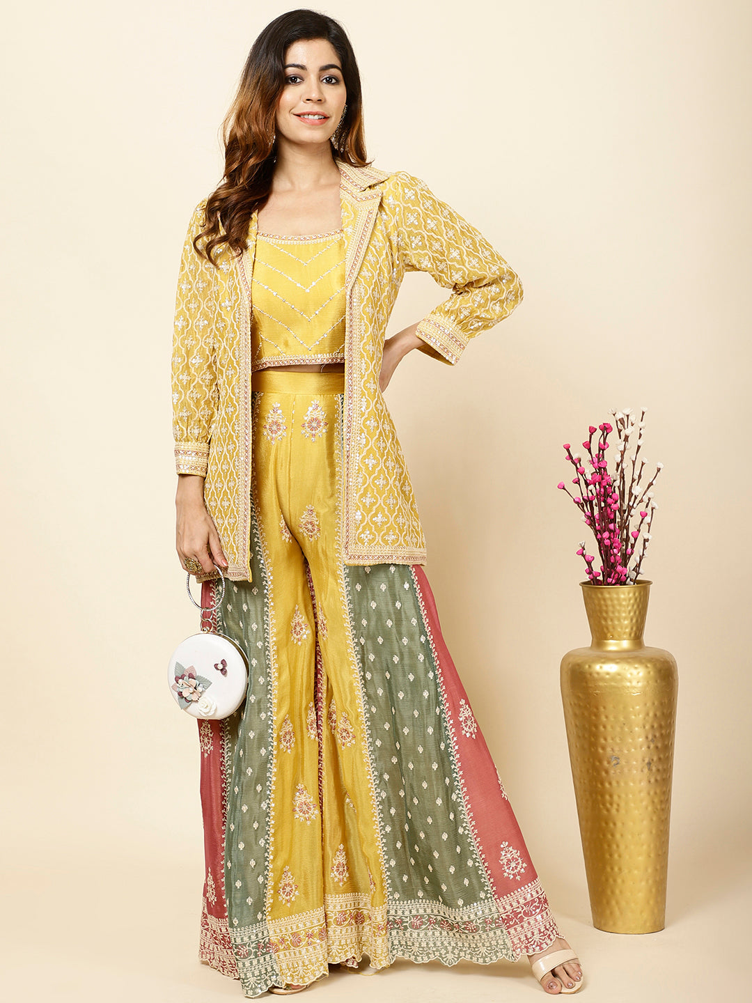 Embroidered Crepe Crop Top With Jacket &amp; Sharara